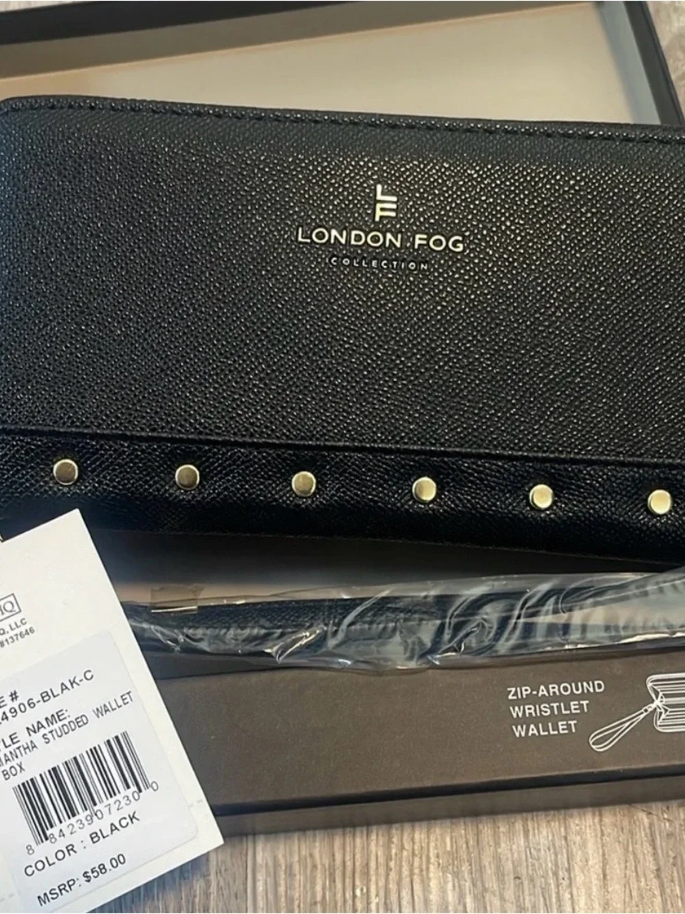 London Fog Black Studded Zip-Around Wristlet Wallet